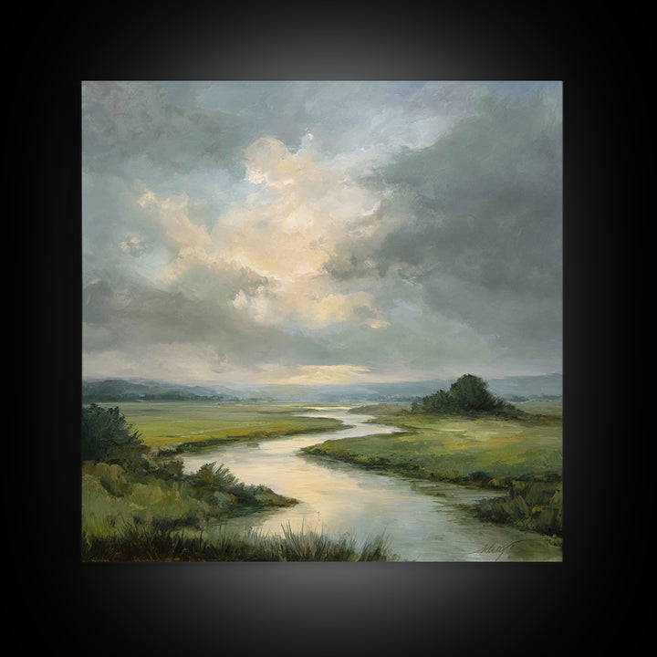Classic Landscape with Winding River and Atmospheric Canvas Print, Art, Art Commission, Living Room Decor, Fine Art, ART-1x1-3