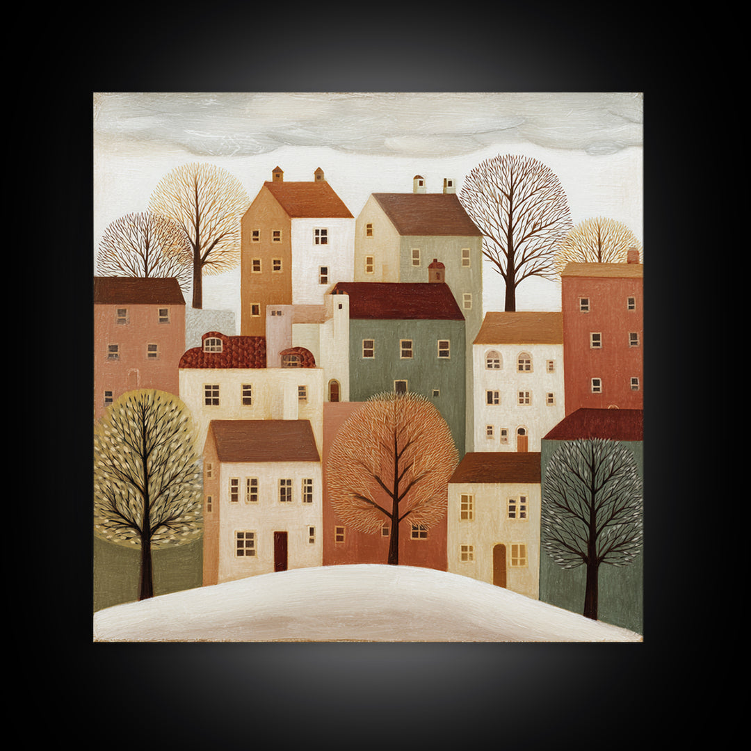 Naive Folk Art Village Framed Canvas Print, Art, Large Wall Art, Living Room Decor, Fine Art, Prints Wall Art, ART-1x1-44