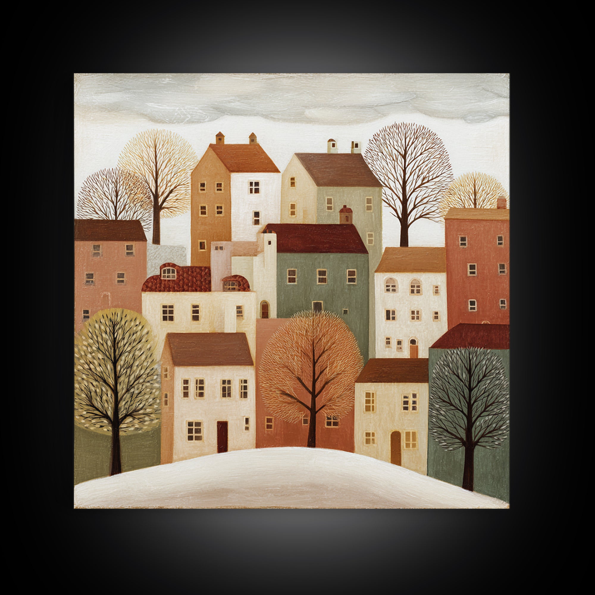 Naive Folk Art Village Framed Canvas Print, Art, Large Wall Art, Living Room Decor, Fine Art, Prints Wall Art, ART-1x1-44