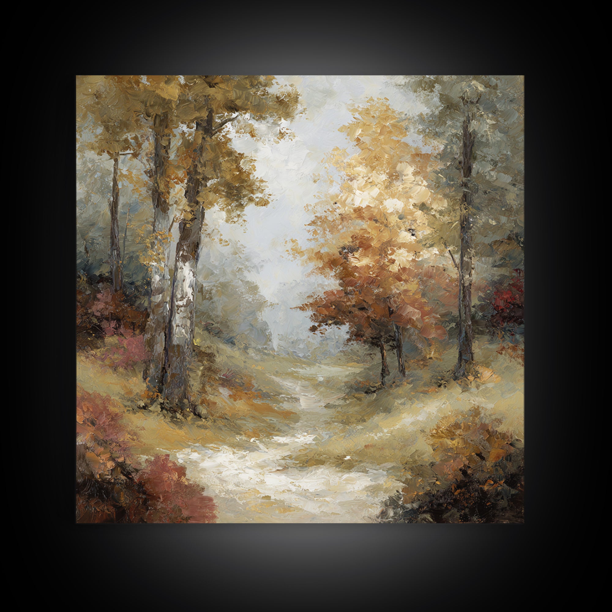 Woodland Path with Golden Autumn Atmosphere Framed Canvas Print, Art, Original Art, Living Room Decor, Fine Art, ART-1x1-47