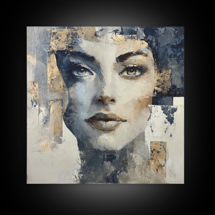 Expressive Portrait with Dramatic Light and Textured Framed Canvas Print, Art, Ai Art, Living Room Decor, Fine Art, ART-1x1-52