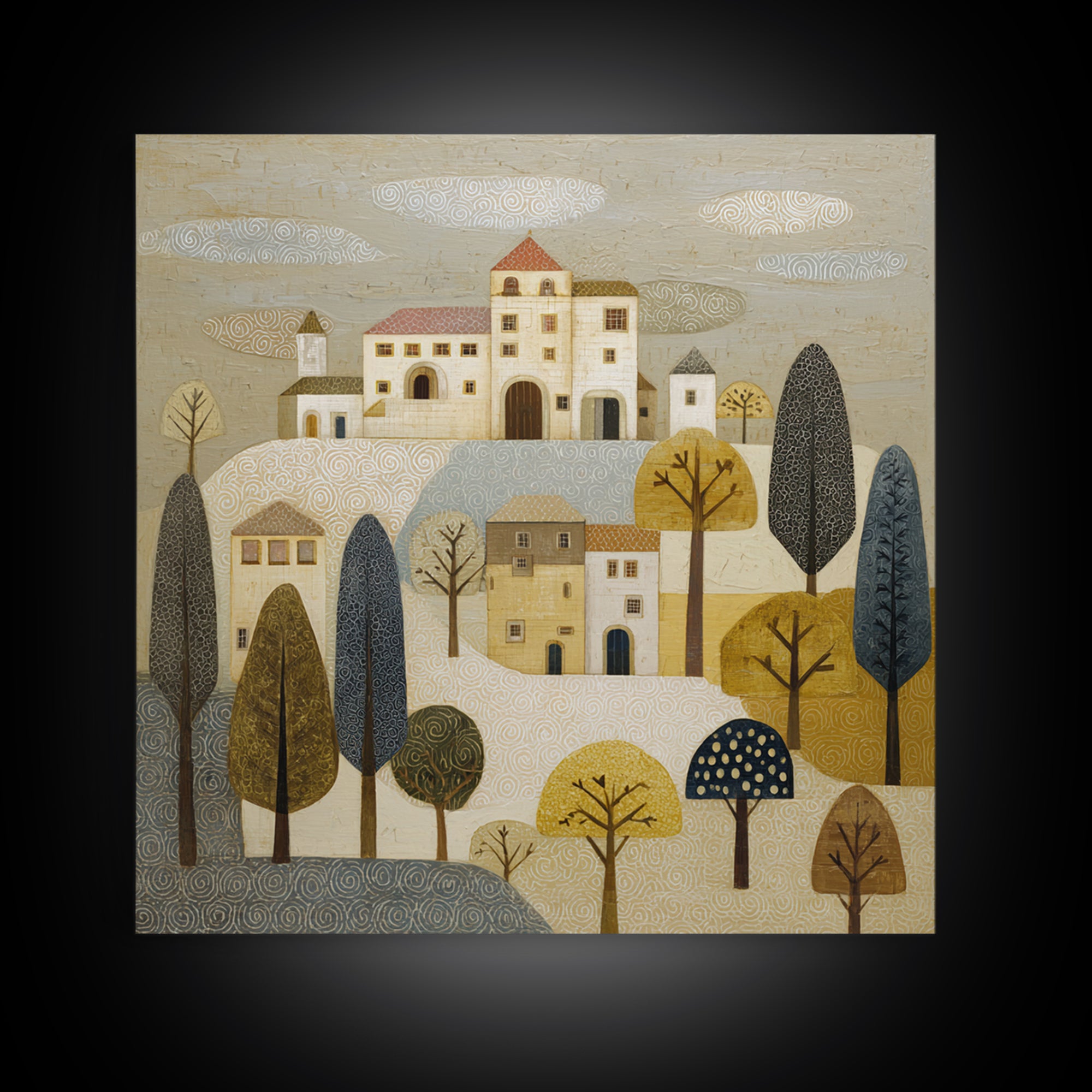 Naive Folk Art Village Framed Canvas Print, Art, Wood Wall Art, Living Room Decor, Fine Art, Modern Decor, Fine Art Print, ART-1x1-68