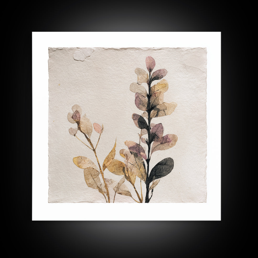 Minimal Botanical Ink Drawing on Handmade Paper Canvas Print, Art, Neutral Decor, Living Room Decor, Fine Art, ART-1x1-77