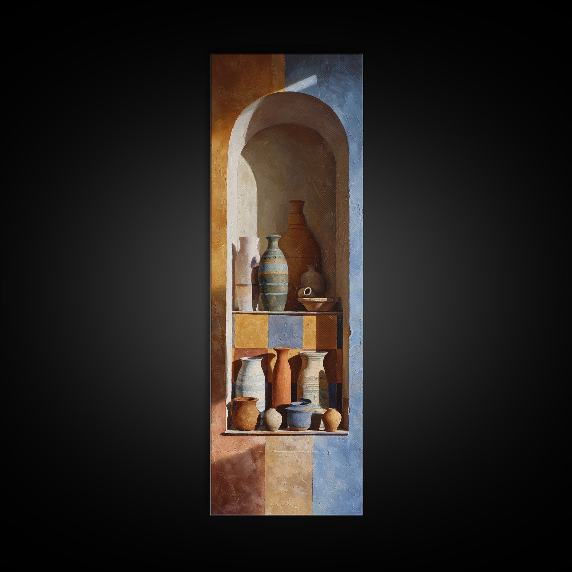 Architectural Archway in Warm Mediterranean Light Framed Canvas Print, Art, Black Art, Living Room Decor, Watercolor Art, ART-1x3-34