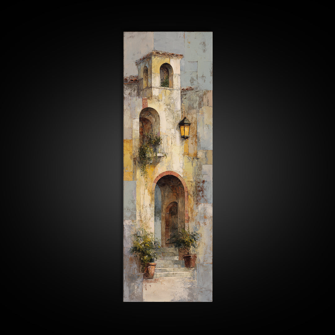 Architectural Archway in Warm Mediterranean Light Framed Canvas Print, Art, Black Art, Living Room Decor, Watercolor Art, ART-1x3-58