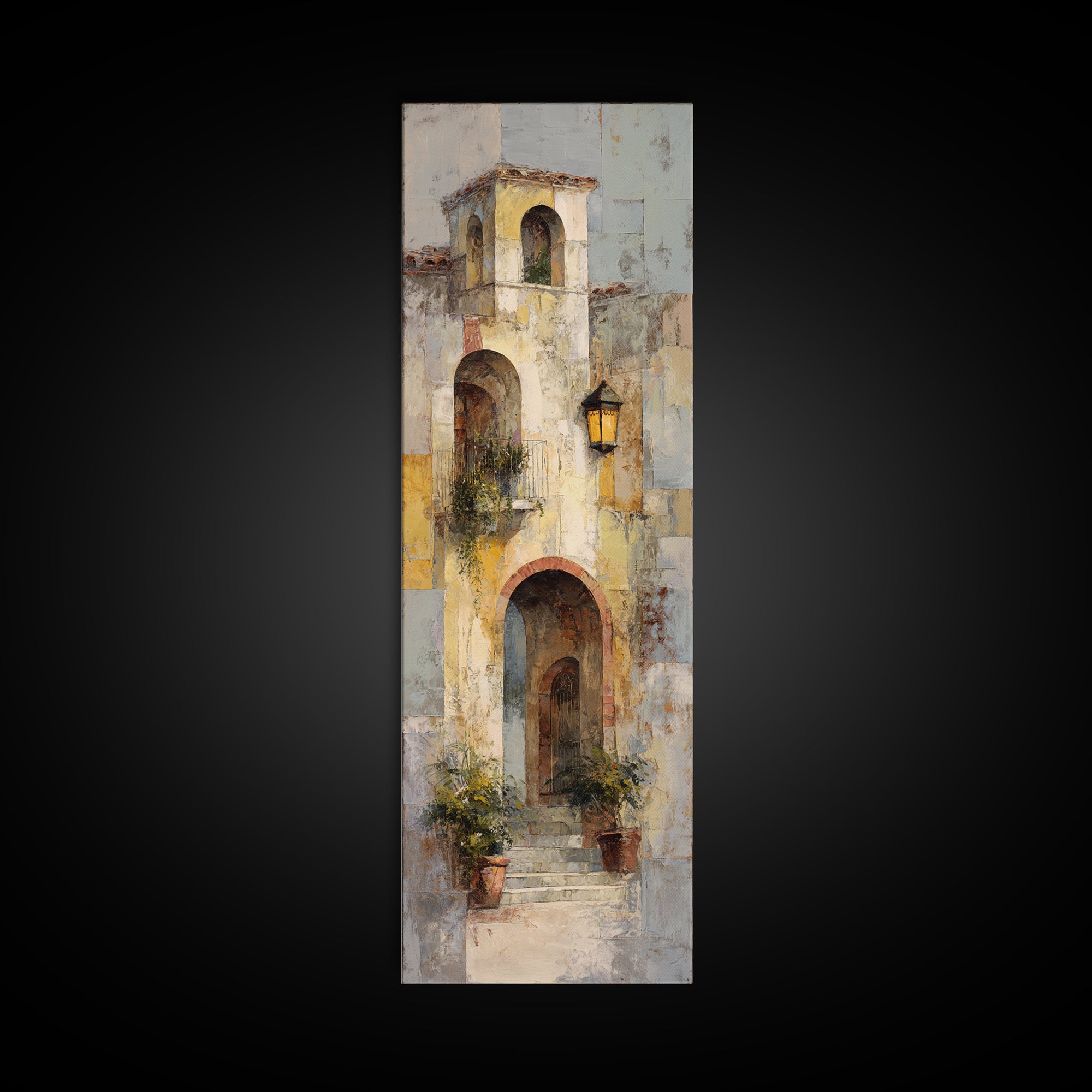 Architectural Archway in Warm Mediterranean Light Framed Canvas Print, Art, Black Art, Living Room Decor, Watercolor Art, ART-1x3-58