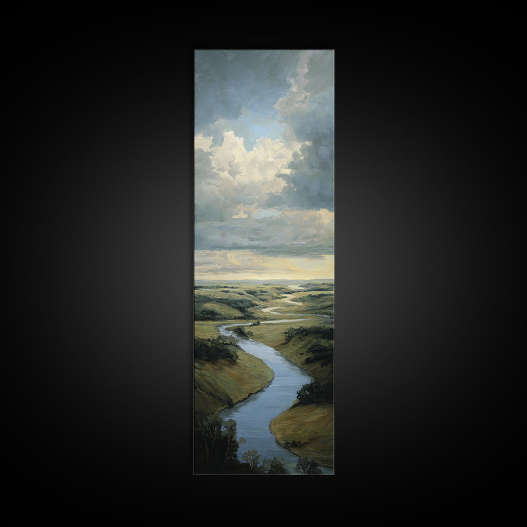 Classic Landscape with Winding River and Atmospheric Framed Canvas Print, Art, Art Nouveau, Living Room Decor, Watercolor Art, ART-1x3-87