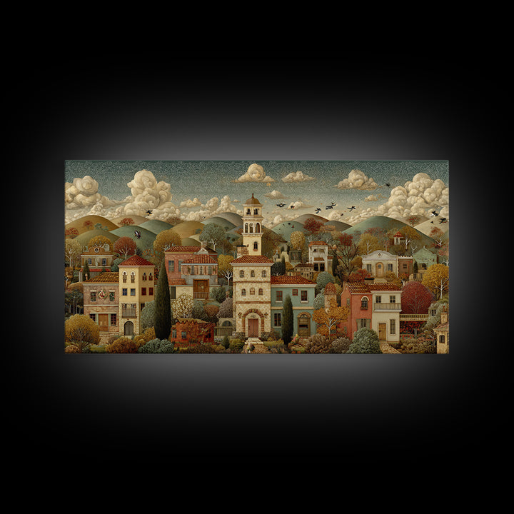 Naive Folk Art Village Framed Canvas Print, Art, Neutral Decor, Living Room Decor, Fine Art, Art Prints, Digital Art, ART-2x1-16