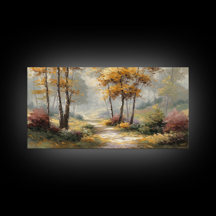 Woodland Path with Golden Autumn Atmosphere Framed Canvas Print, Art, Printable Art, Living Room Decor, Fine Art, ART-2x1-19