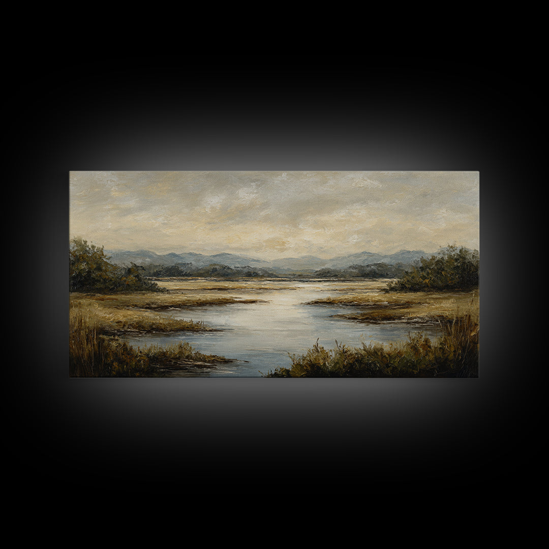 Classic Landscape with Winding River and Atmospheric Framed Canvas Print, Art, Art Print, Living Room Decor, Fine Art, ART-2x1-23