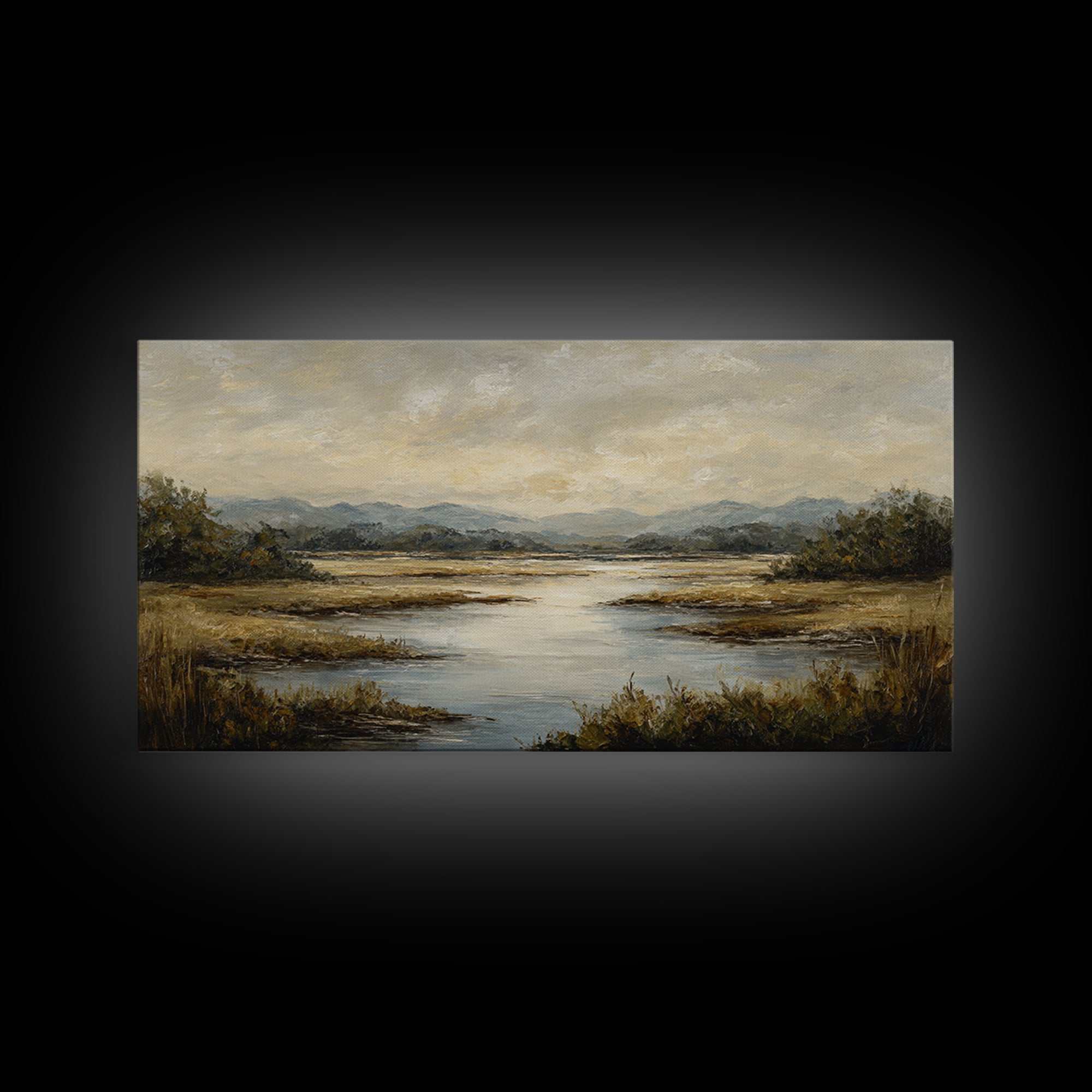 Classic Landscape with Winding River and Atmospheric Framed Canvas Print, Art, Art Print, Living Room Decor, Fine Art, ART-2x1-23