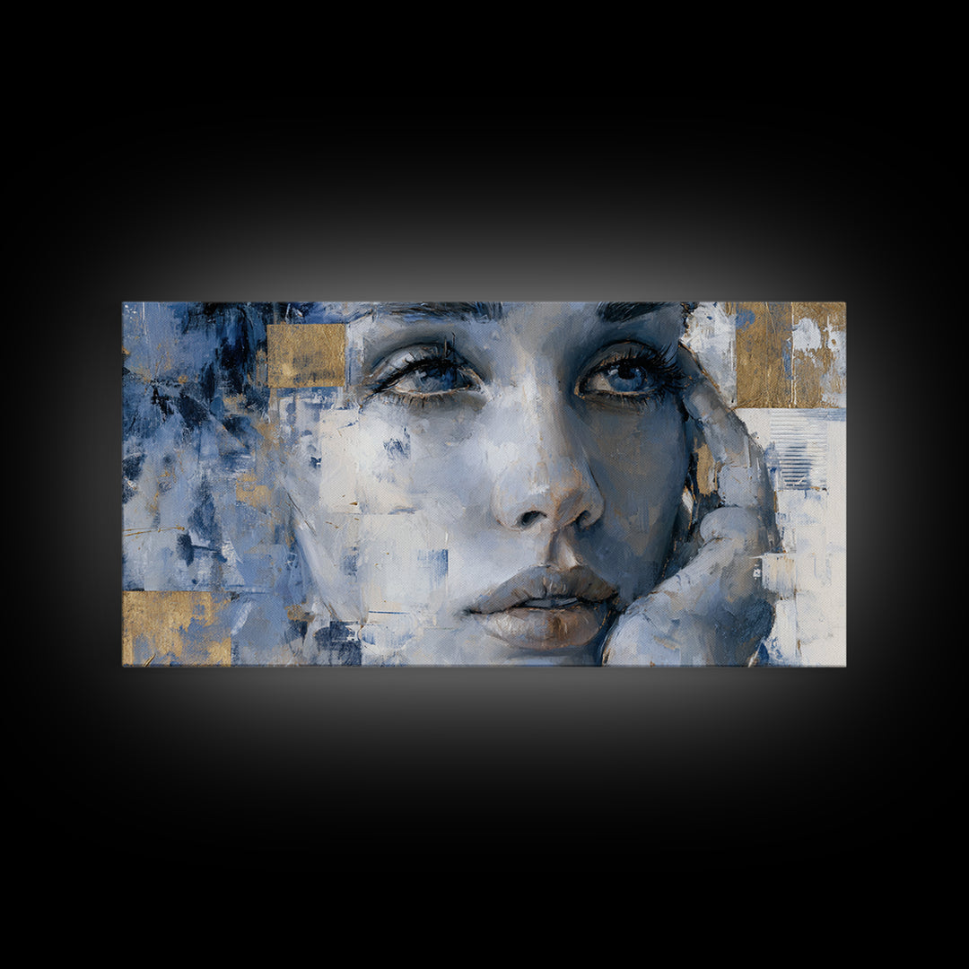 Expressive Portrait with Dramatic Light and Textured Framed Canvas Print, Art, Textured Painting, Living Room Decor, Fine Art, ART-2x1-24