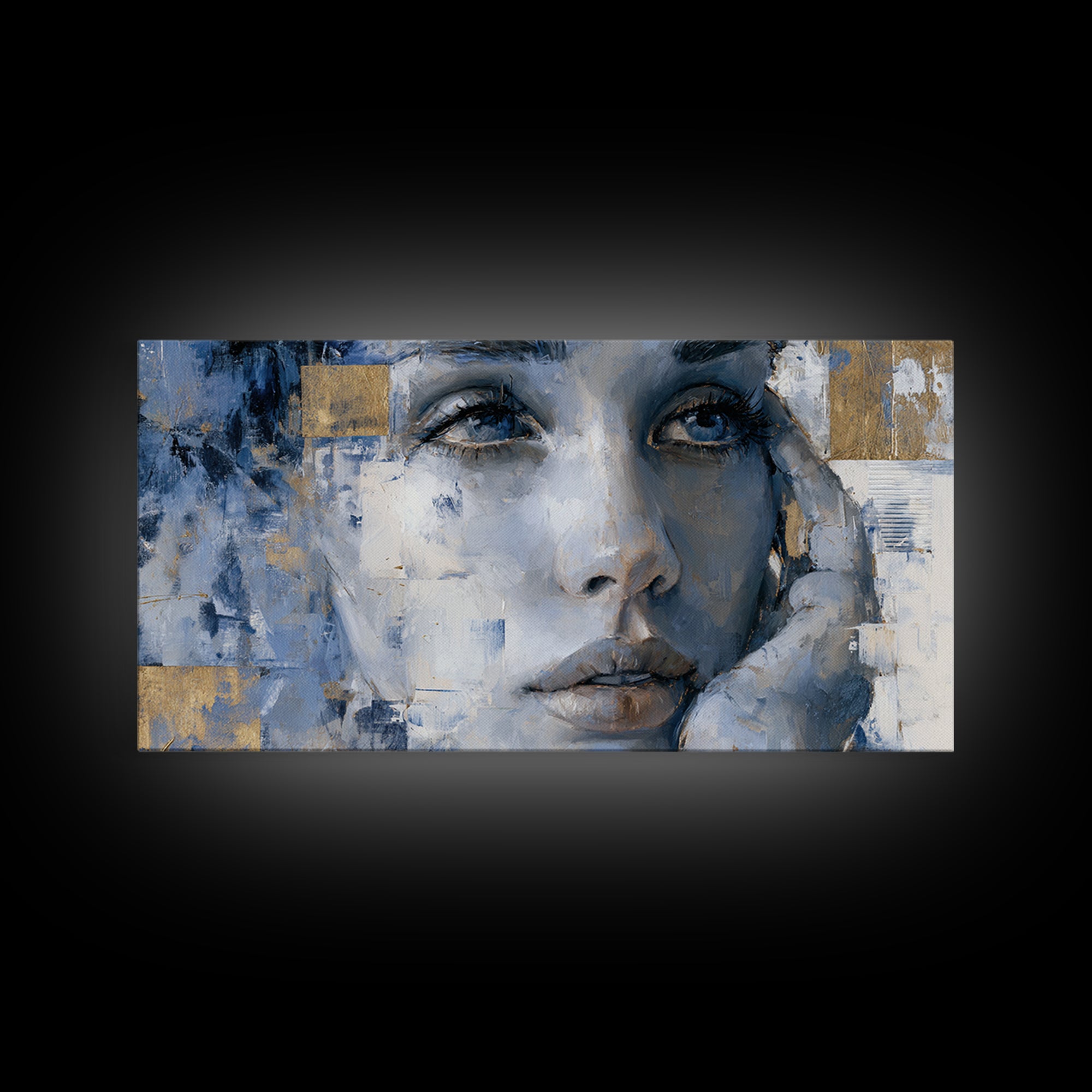 Expressive Portrait with Dramatic Light and Textured Framed Canvas Print, Art, Textured Painting, Living Room Decor, Fine Art, ART-2x1-24