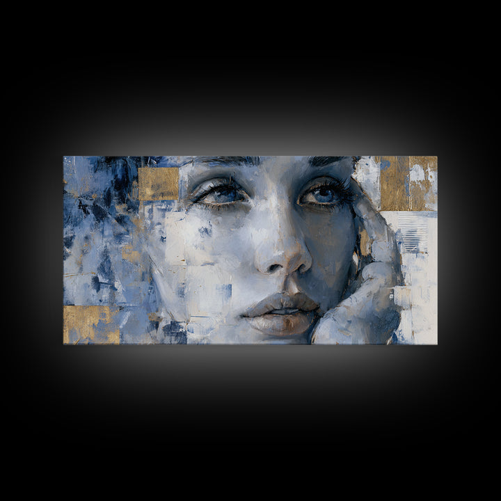 Expressive Portrait with Dramatic Light and Textured Framed Canvas Print, Art, Textured Painting, Living Room Decor, Fine Art, ART-2x1-24