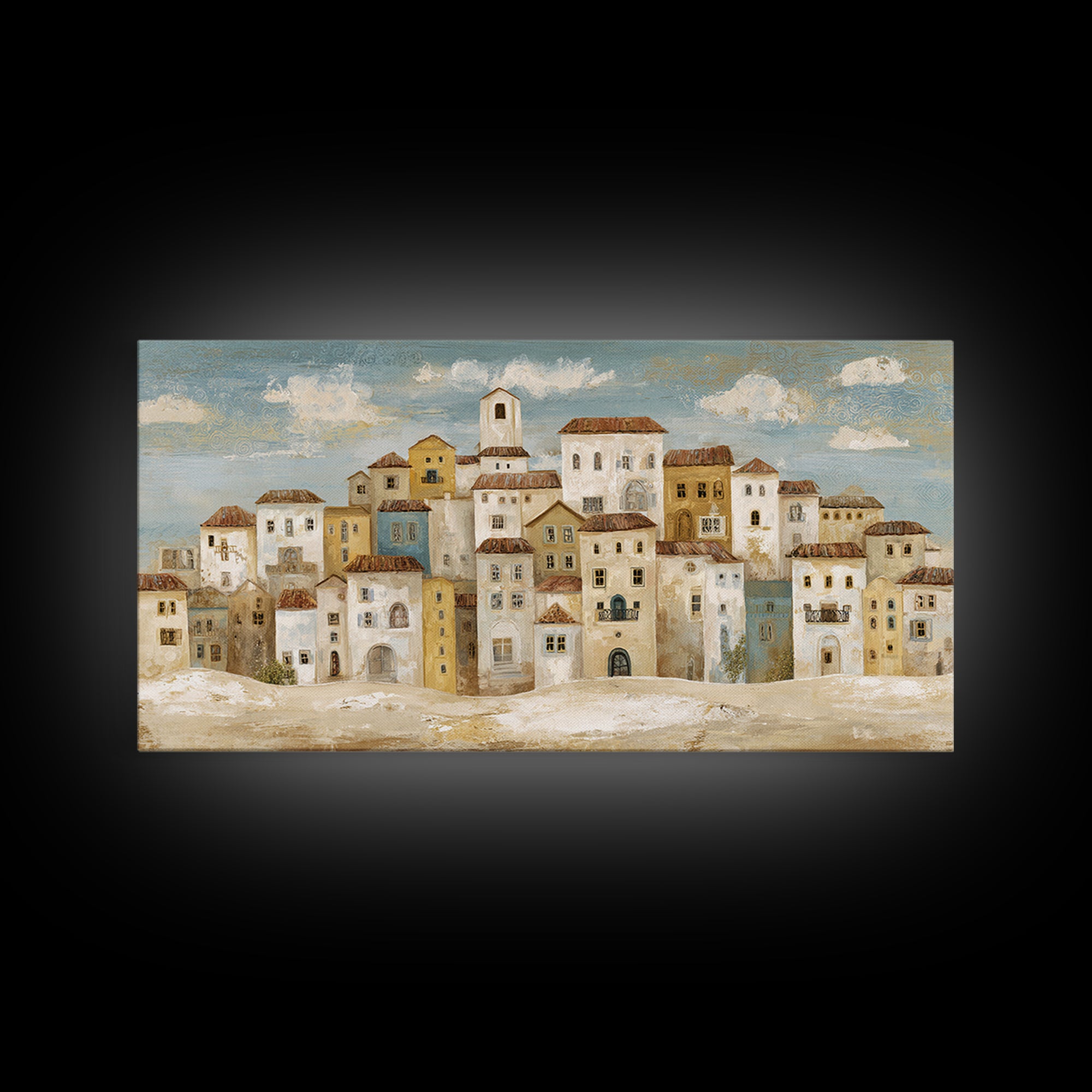 Naive Folk Art Village Framed Canvas Print, Art, Wall Art, Living Room Decor, Fine Art, Original Art, Art Nouveau, ART-2x1-40