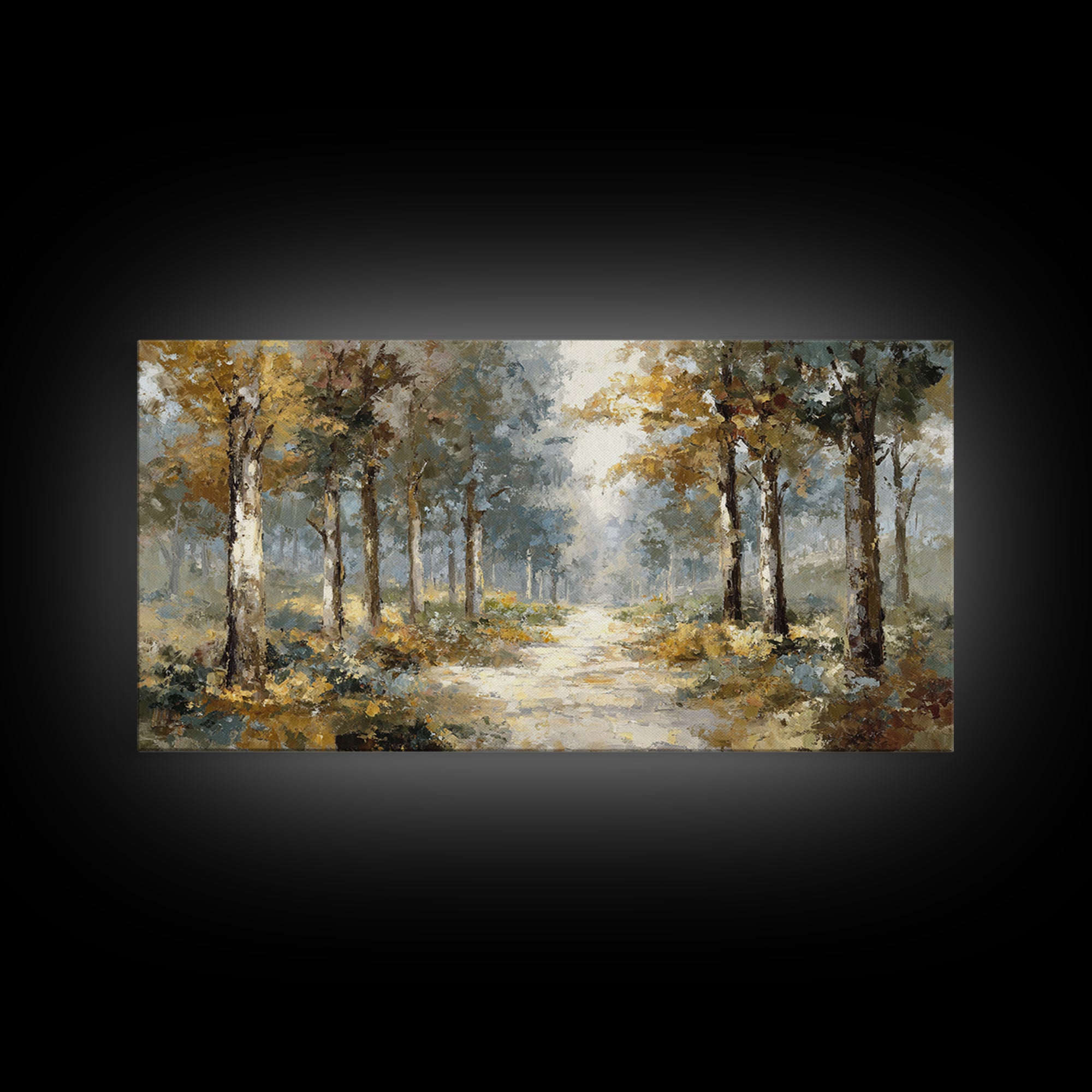 Woodland Path with Golden Autumn Atmosphere Framed Canvas Print, Art, Art Prints, Living Room Decor, Fine Art, ART-2x1-43