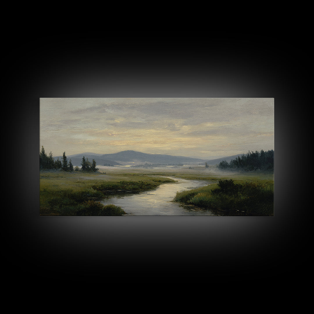 Classic Landscape with Winding River and Atmospheric Canvas Print, Art, Digital Wall Art, Living Room Decor, Fine Art, ART-2x1-47