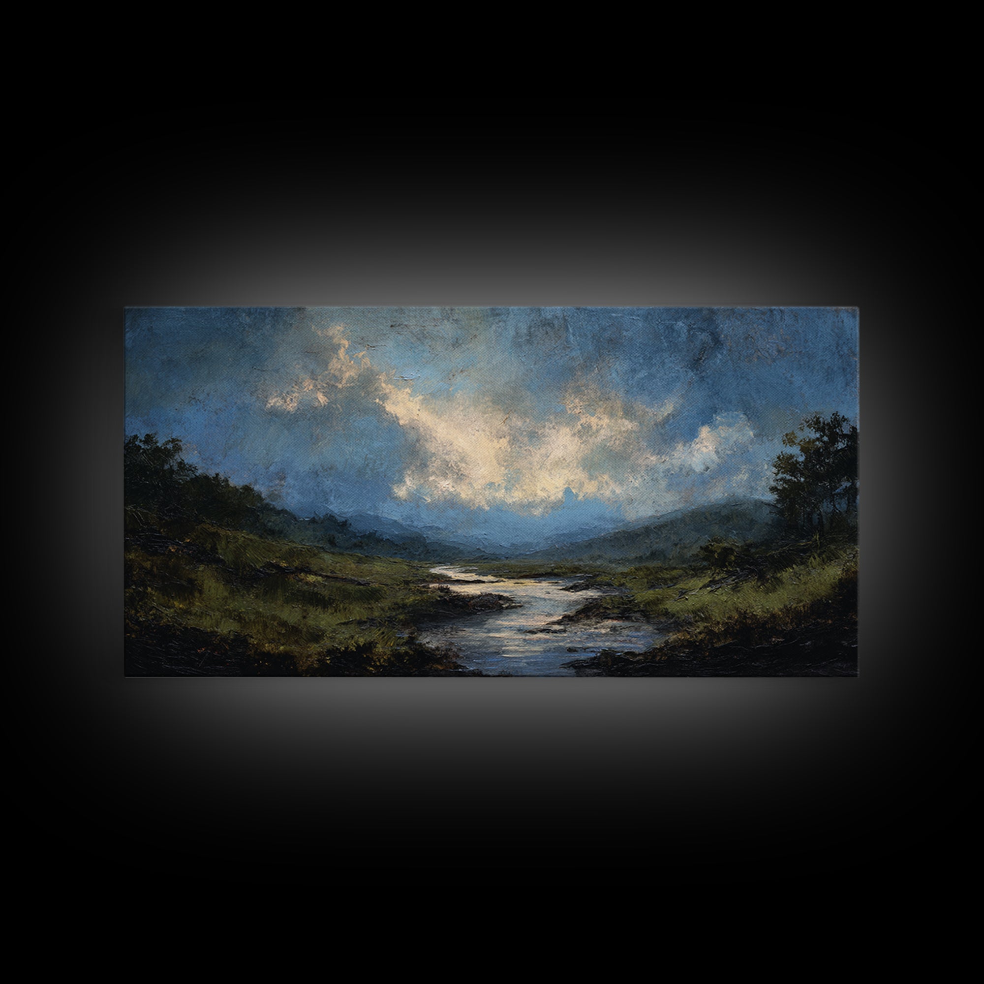 Classic Landscape with Winding River and Atmospheric Canvas Print, Art, Black Art, Living Room Decor, Fine Art, ART-2x1-71