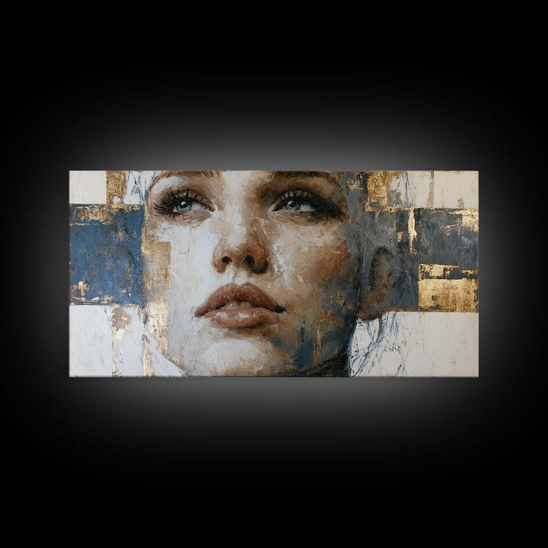Expressive Portrait with Dramatic Light and Textured Framed Canvas Print, Art, Art Commission, Living Room Decor, Oil Painting, ART-2x1-72