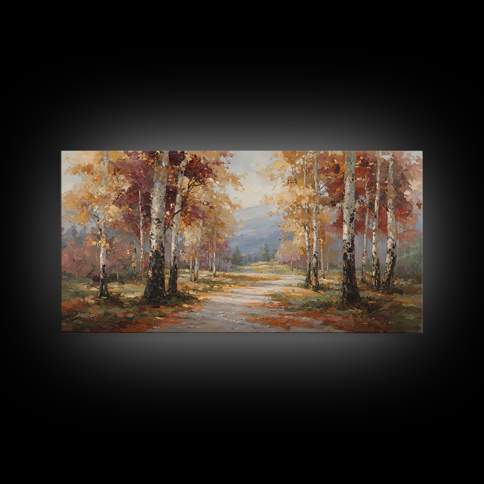Woodland Path with Golden Autumn Atmosphere Framed Canvas Print, Art, Art Print, Living Room Decor, Fine Art, ART-2x1-91