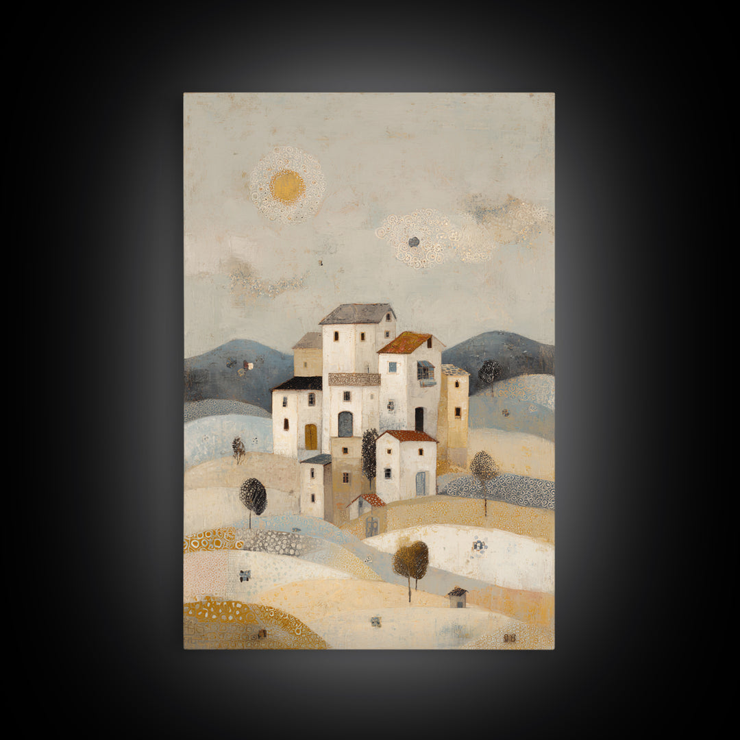 Naive Folk Art Village Framed Canvas Print, Art, Pink Wall Art, Living Room Decor, Fine Art, Textured Painting, ART-2x3-100