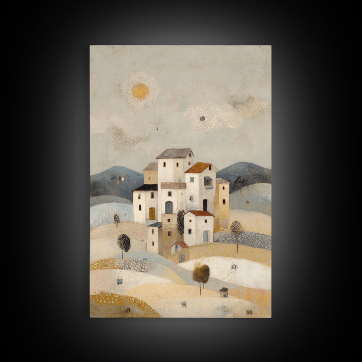 Naive Folk Art Village Framed Canvas Print, Art, Pink Wall Art, Living Room Decor, Fine Art, Textured Painting, ART-2x3-100