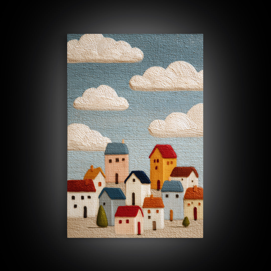 Naive Folk Art Village Framed Canvas Print, Art, Printable Wall Art, Living Room Decor, Fine Art, Canvas Art, ART-2x3-28