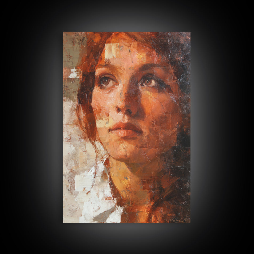 Expressive Portrait with Dramatic Light and Textured Framed Canvas Print, Art, Original Art, Living Room Decor, Fine Art, ART-2x3-36