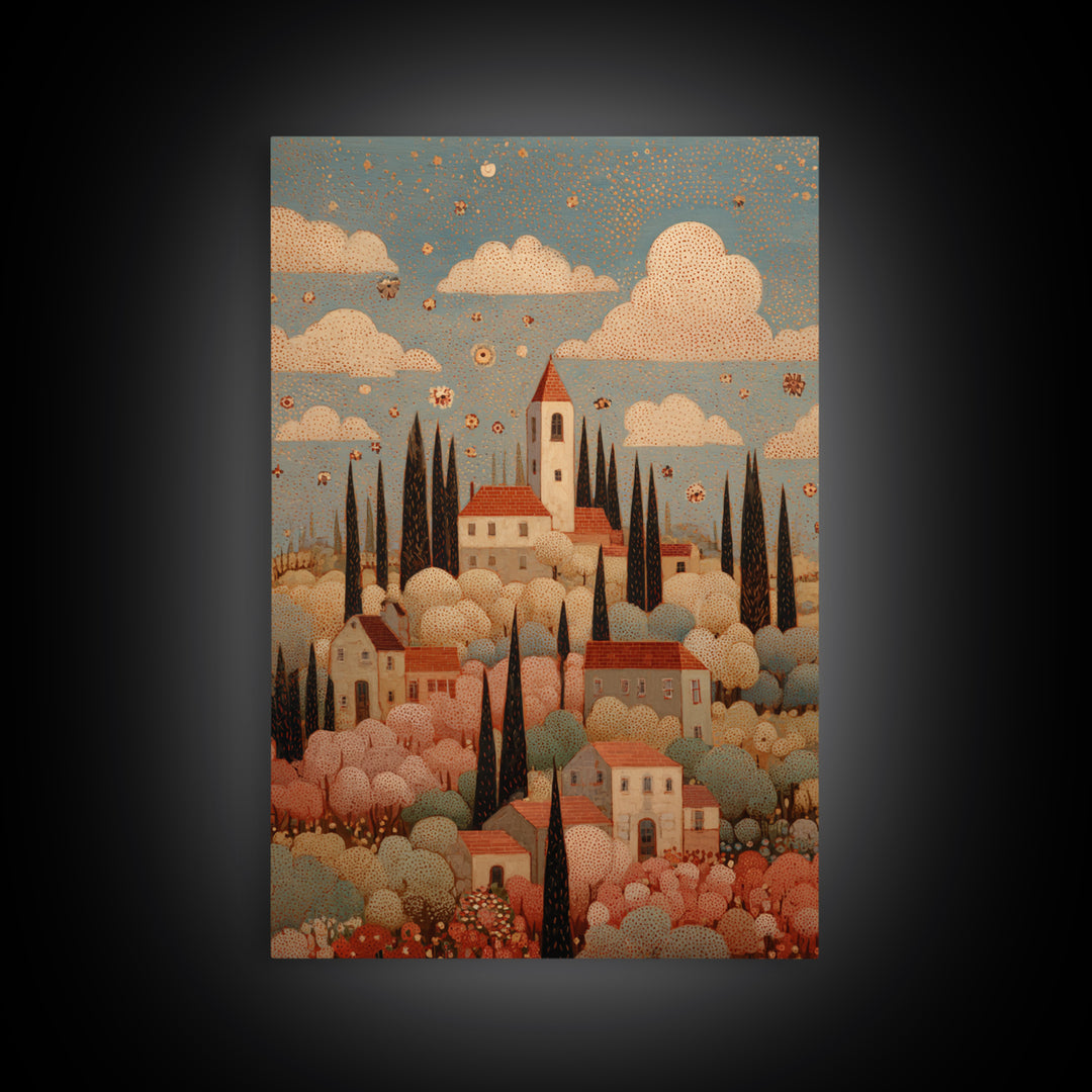 Naive Folk Art Village Framed Canvas Print, Art, Resin Art, Living Room Decor, Fine Art, Luxury Decor, Textured Painting, ART-2x3-4