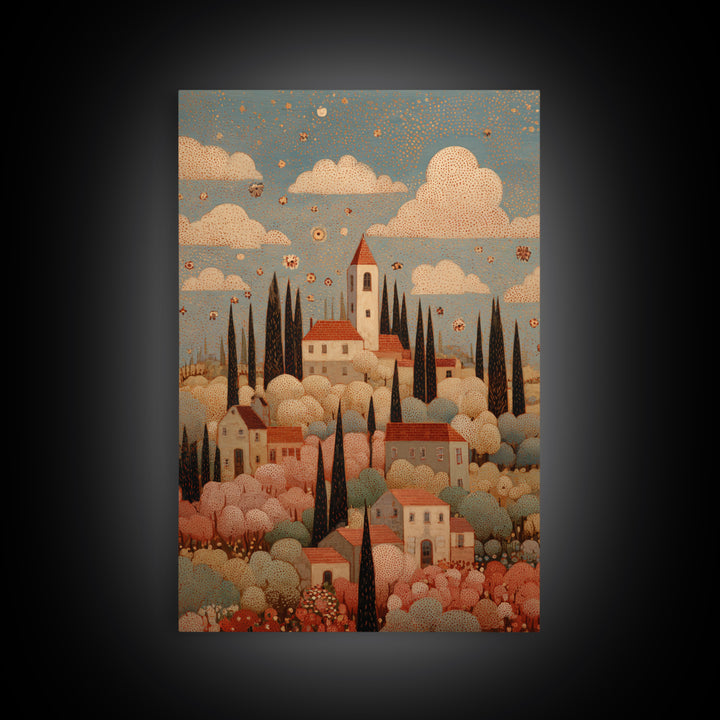 Naive Folk Art Village Framed Canvas Print, Art, Resin Art, Living Room Decor, Fine Art, Luxury Decor, Textured Painting, ART-2x3-4