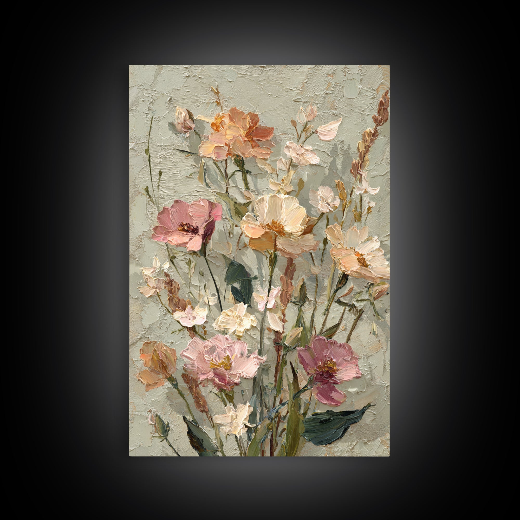 Painterly Meadow with Loose Impressionist Flowers Framed Canvas Print, Art, Neutral Decor, Living Room Decor, Fine Art, ART-2x3-47