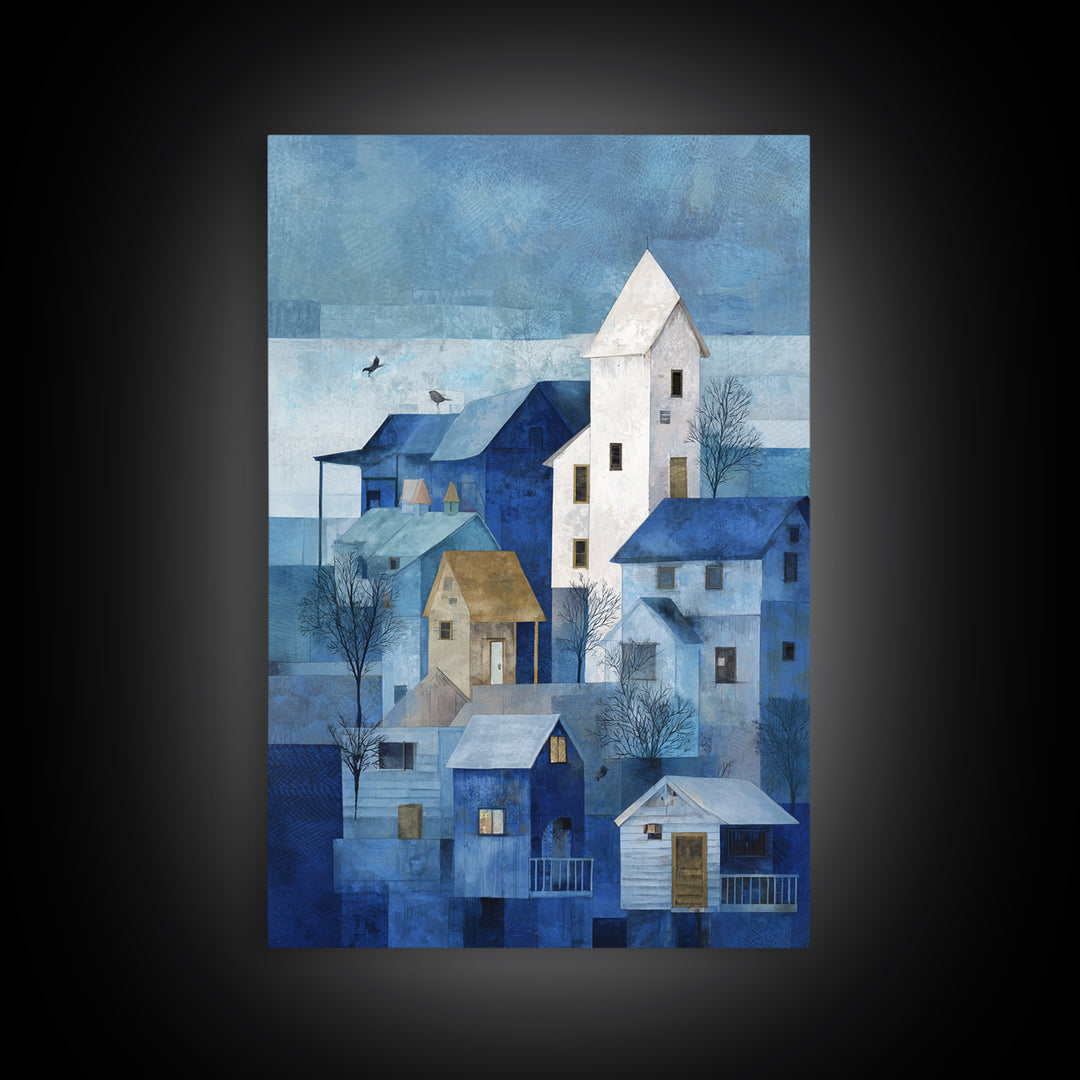 Naive Folk Art Village Framed Canvas Print, Art, Boho Wall Art, Living Room Decor, Fine Art, Textured Painting, ART-2x3-52