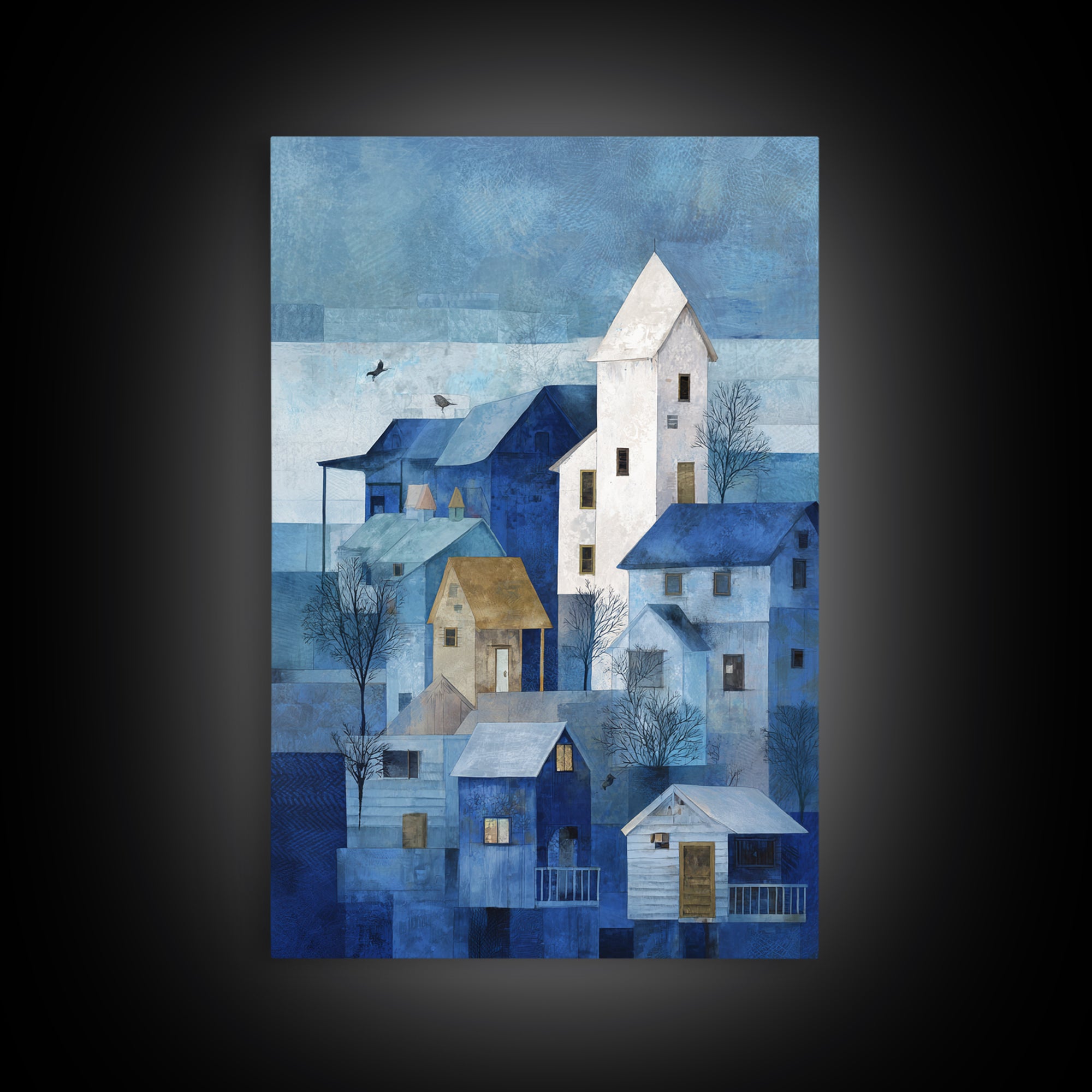 Naive Folk Art Village Framed Canvas Print, Art, Boho Wall Art, Living Room Decor, Fine Art, Textured Painting, ART-2x3-52