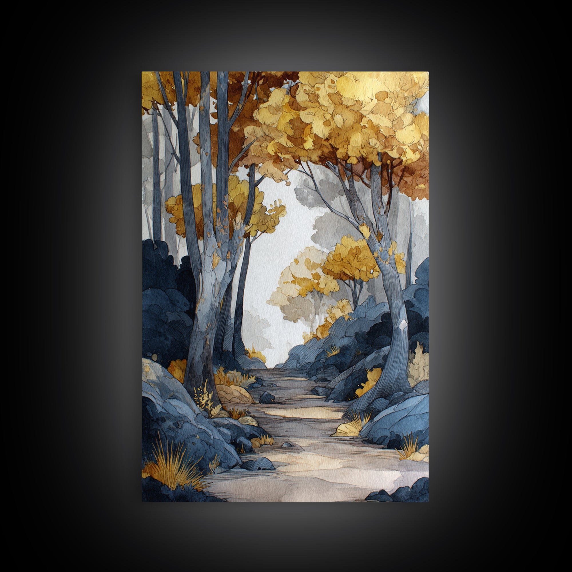 Woodland Path with Golden Autumn Atmosphere Framed Canvas Print, Art, Horizontal Wall Art, Living Room Decor, Fine Art, ART-2x3-55