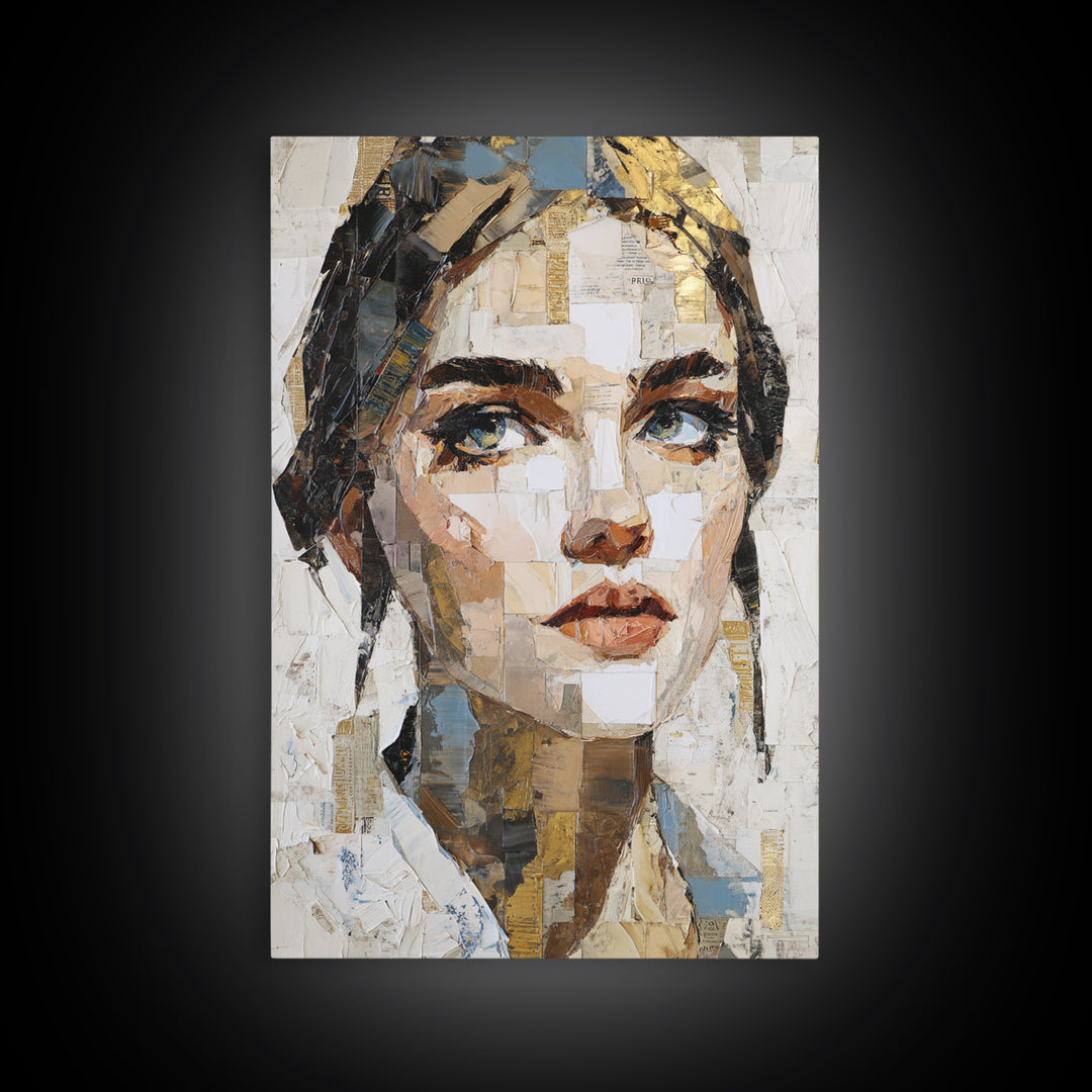 Expressive Portrait with Dramatic Light and Textured Framed Canvas Print, Art, Fine Art Print, Living Room Decor, Oil Painting, ART-2x3-60