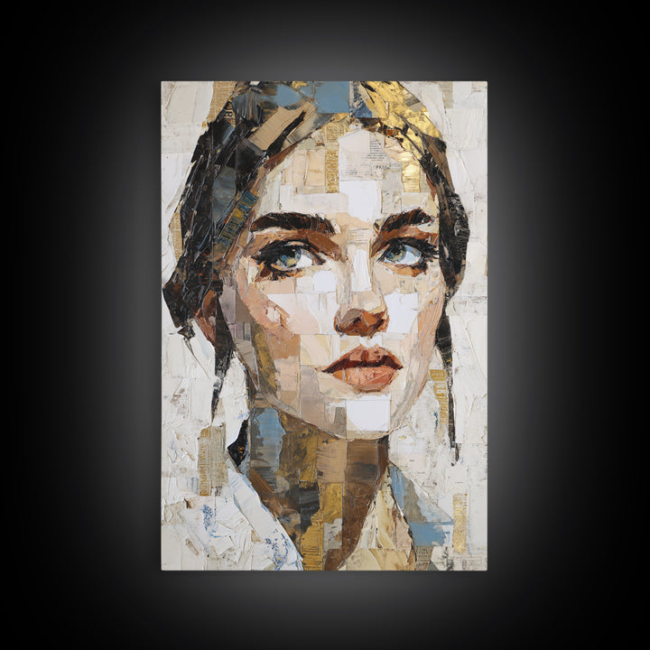 Expressive Portrait with Dramatic Light and Textured Framed Canvas Print, Art, Fine Art Print, Living Room Decor, Oil Painting, ART-2x3-60