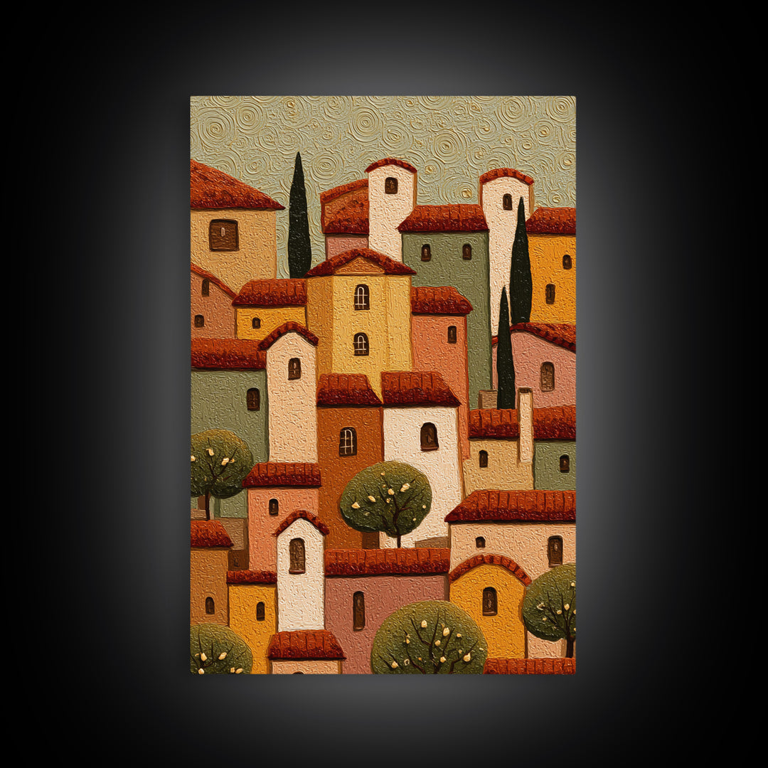 Naive Folk Art Village Framed Canvas Print, Art, Wall Art Prints, Living Room Decor, Fine Art, Ai Art, Textured Wall Art, ART-2x3-76