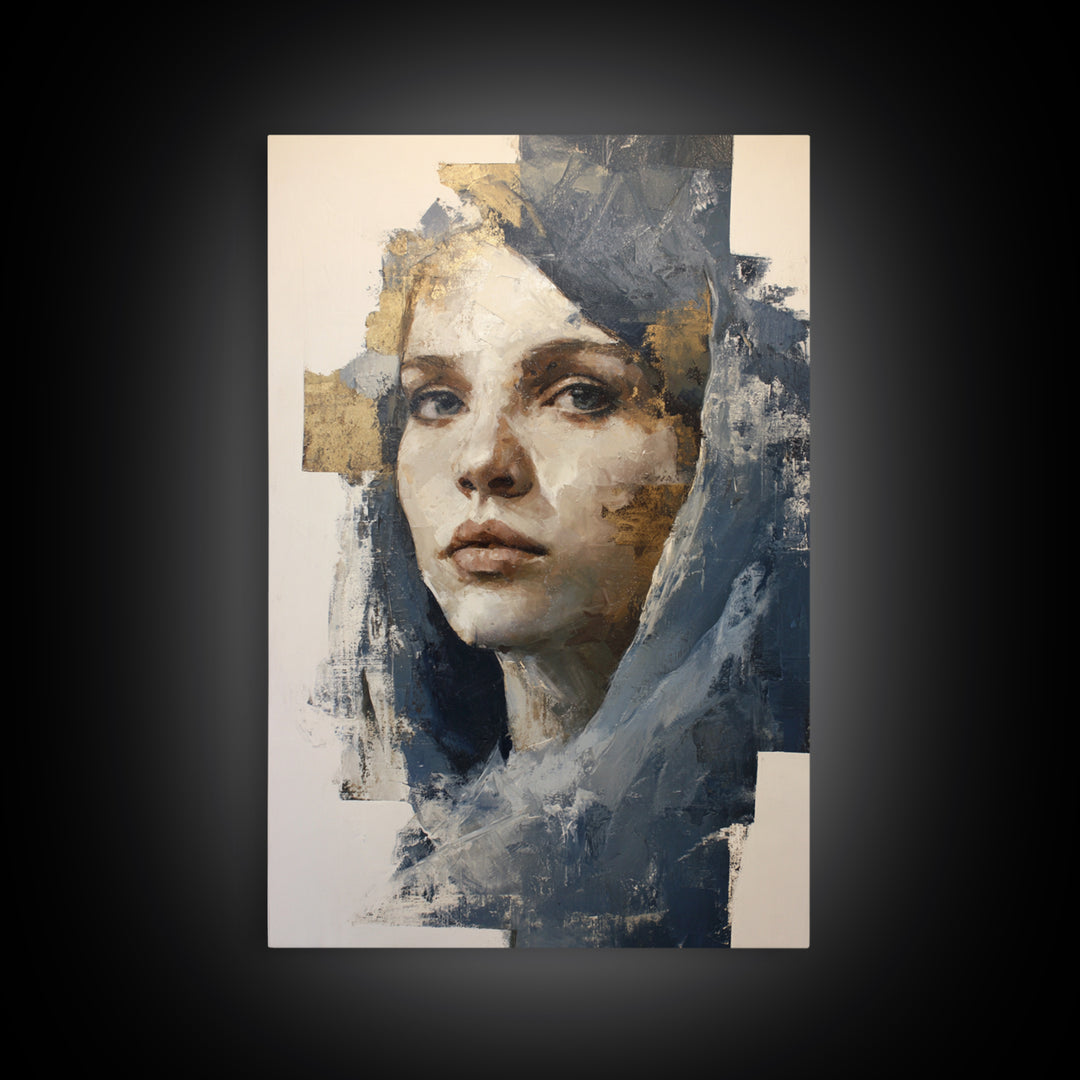 Expressive Portrait with Dramatic Light and Textured Framed Canvas Print, Art, Art Nouveau, Living Room Decor, Fine Art, ART-2x3-84