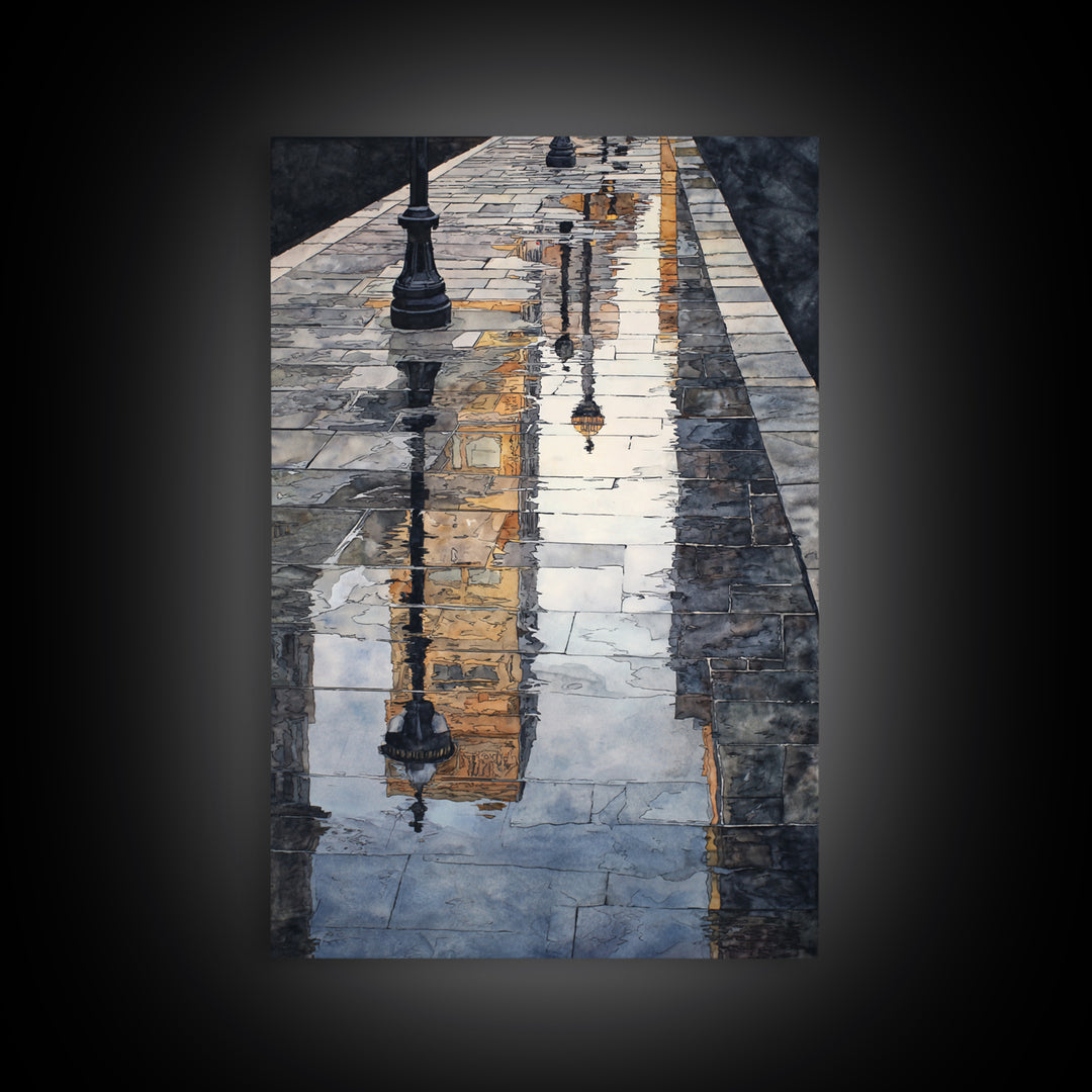 Moody City Scene Reflected Framed Canvas Print, Art, Living Room Decor, Fine Art, Art Nouveau, Framed Wall Art, ART-2x3-90