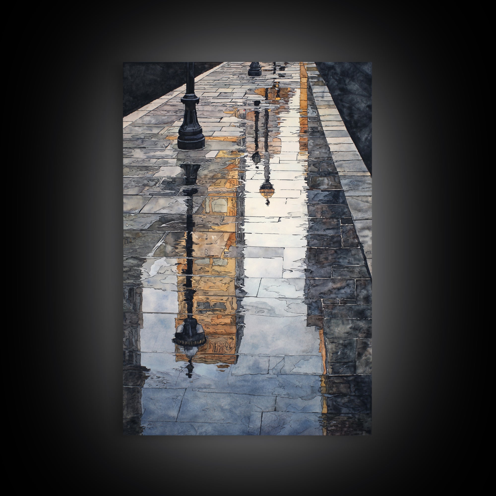 Moody City Scene Reflected Framed Canvas Print, Art, Living Room Decor, Fine Art, Art Nouveau, Framed Wall Art, ART-2x3-90