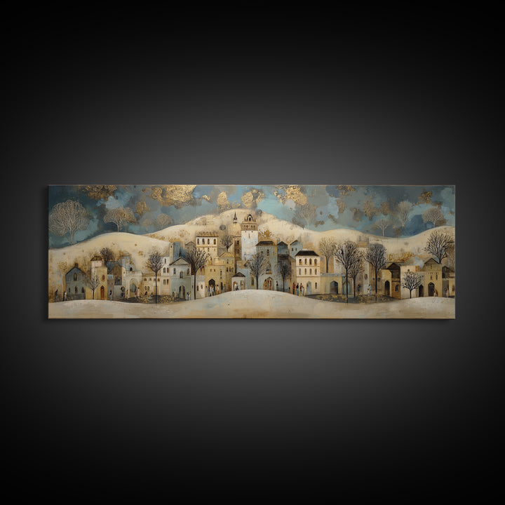 Naive Folk Art Village Framed Canvas Print, Art, Prints Wall Art, Living Room Decor, Fine Art, Fine Art Print, ART-3x1-12