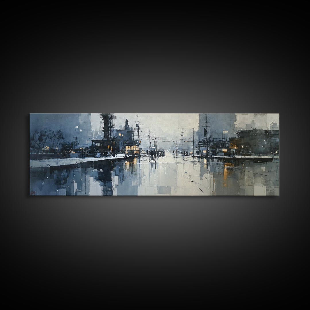 Moody City Scene Reflected Framed Canvas Print, Art, Wall Art, Living Room Decor, Fine Art, Original Art, Art Nouveau, ART-3x1-2
