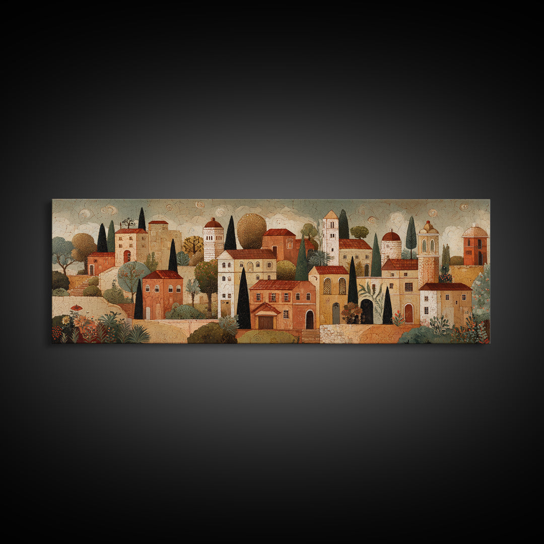 Naive Folk Art Village Framed Canvas Print, Art, Modern Decor, Living Room Decor, Fine Art, Art Prints, Digital Art, ART-3x1-60