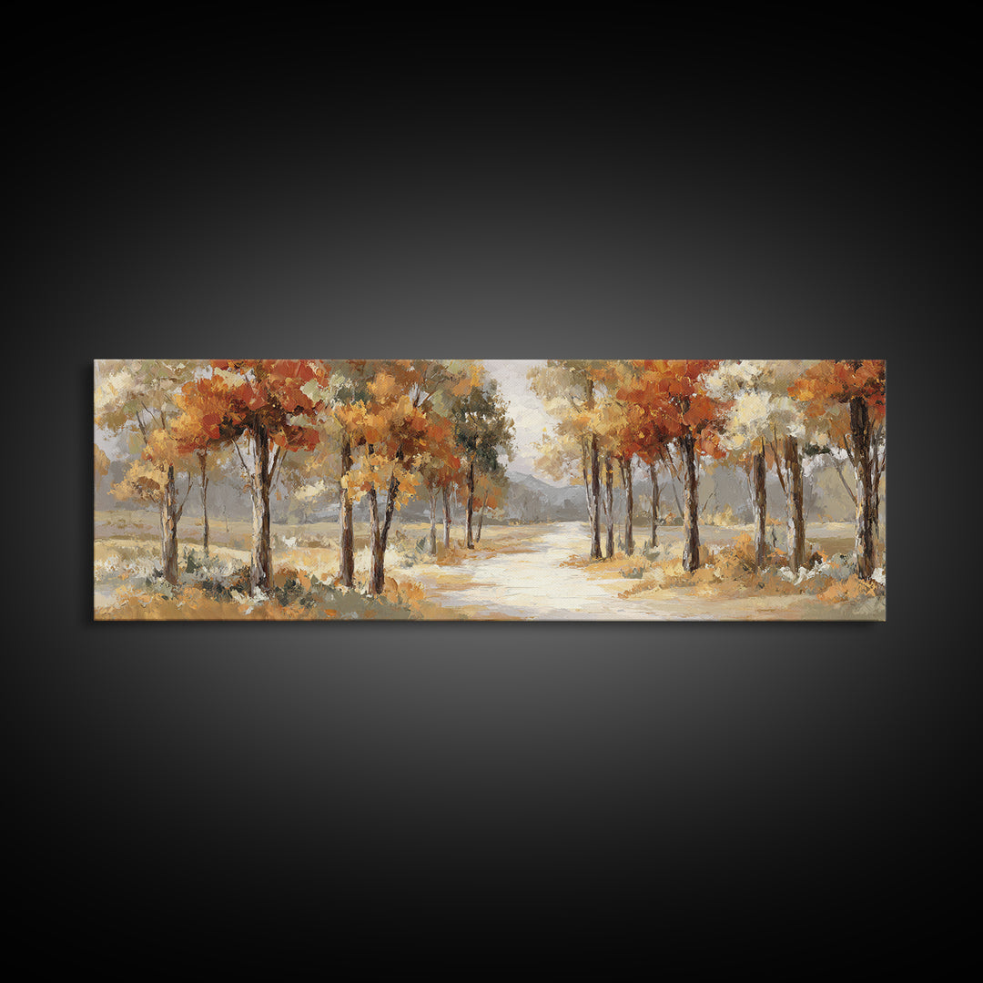 Woodland Path with Golden Autumn Atmosphere Framed Canvas Print, Art, Statement Artwork, Living Room Decor, Fine Art, ART-3x1-63