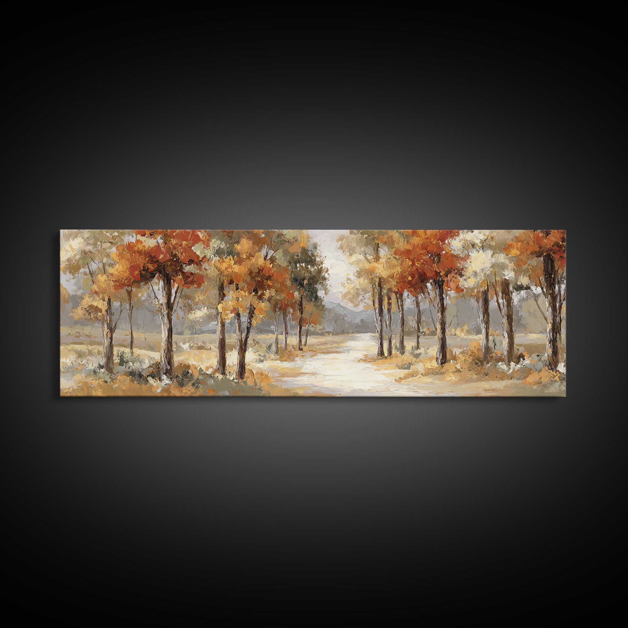 Woodland Path with Golden Autumn Atmosphere Framed Canvas Print, Art, Statement Artwork, Living Room Decor, Fine Art, ART-3x1-63