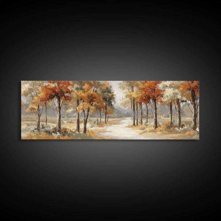 Woodland Path with Golden Autumn Atmosphere Framed Canvas Print, Art, Statement Artwork, Living Room Decor, Fine Art, ART-3x1-63