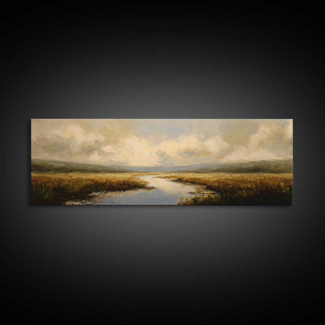 Classic Landscape with Winding River and Atmospheric Framed Canvas Print, Art, Digital Art, Living Room Decor, Fine Art, ART-3x1-67