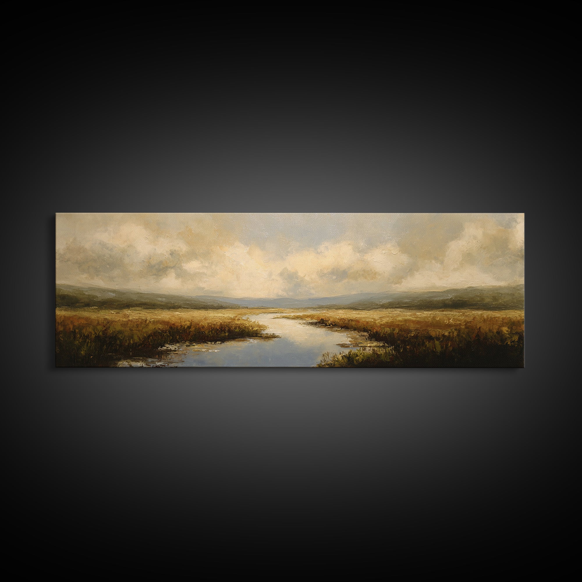 Classic Landscape with Winding River and Atmospheric Framed Canvas Print, Art, Digital Art, Living Room Decor, Fine Art, ART-3x1-67