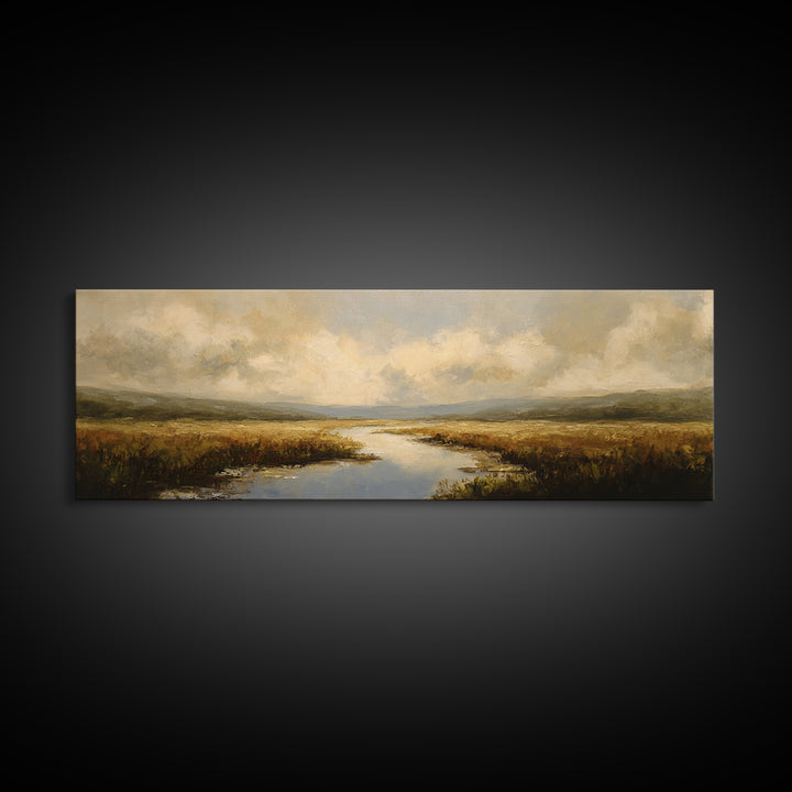Classic Landscape with Winding River and Atmospheric Framed Canvas Print, Art, Digital Art, Living Room Decor, Fine Art, ART-3x1-67