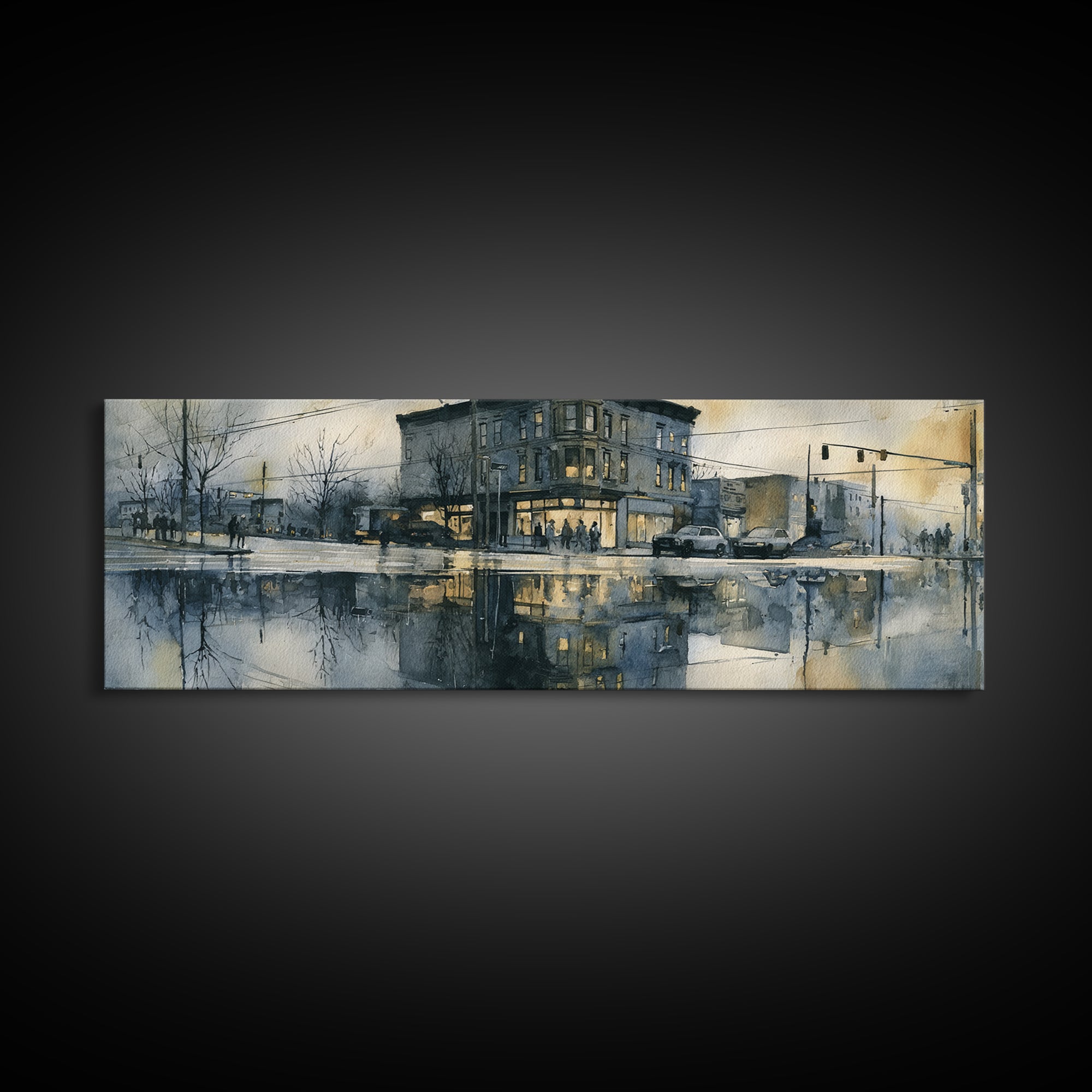 Moody City Scene Reflected Framed Canvas Print, Art, Art Deco, Living Room Decor, Oil Painting, Printable Art, ART-3x1-74